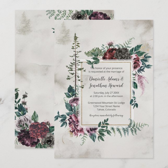 Invitación En el salvaje Boda floral de Borgoña Rústica (Anverso / Reverso)