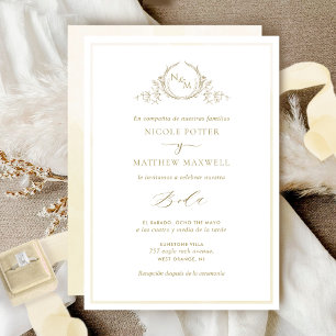 Invitación En español, Boda Monograma Elegante de Champán