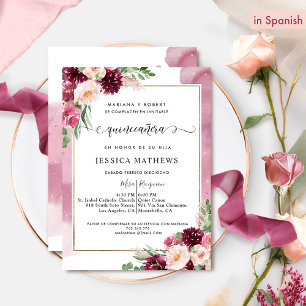 Invitación En español, Borgoña y Quinceañera floral rosa