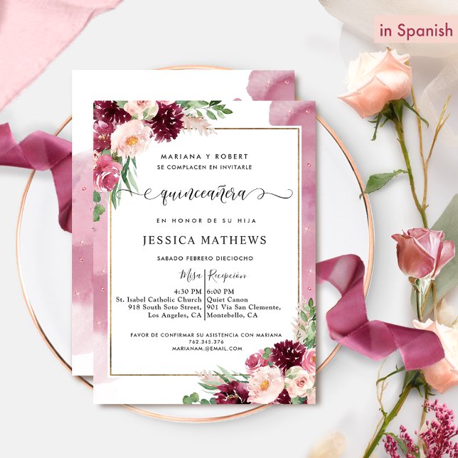 Invitación En español, Borgoña y Quinceañera floral rosa (Subido por el creador)