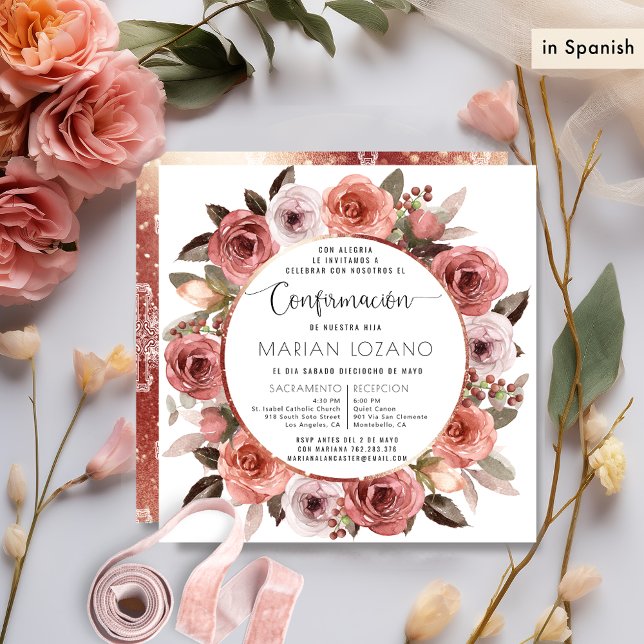 Invitación En español, confirmación, floral de oro Rosa (Subido por el creador)