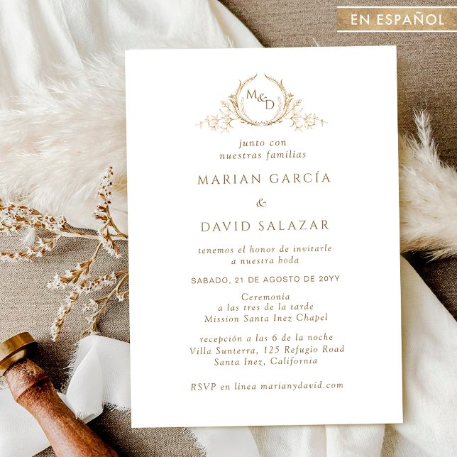Invitación En español, elegante Boda de Monograma de Oro (Subido por el creador)