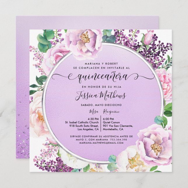 Invitación En Español, Elegante Floral Púrpura Quinceanera In (Anverso / Reverso)