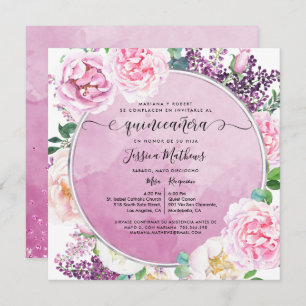 Invitación En español, elegante Fuchsia floral Quinceañera