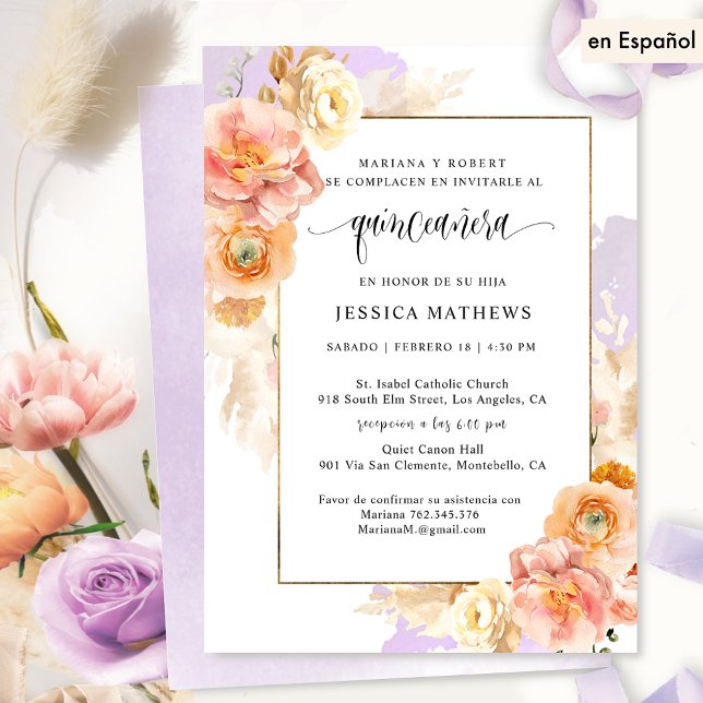 Invitación En español, elegante quinceañera floral púrpura (Subido por el creador)