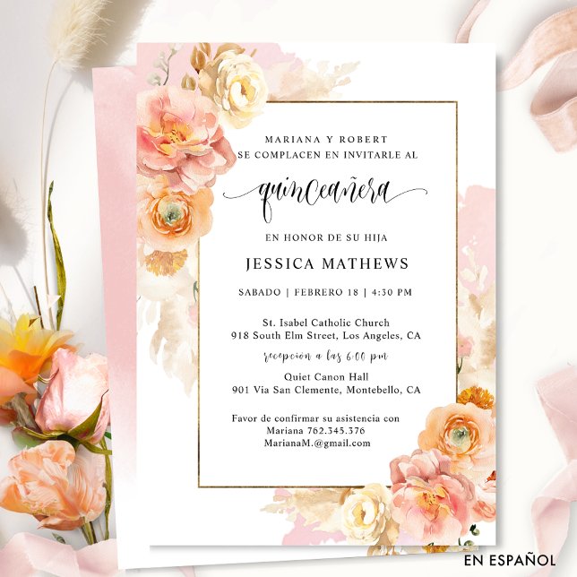 Invitación En Español, Elegante Y Elegante Quinceañera Floral (Subido por el creador)