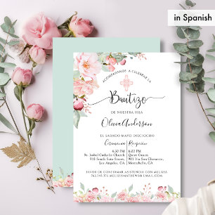 Invitación En español Moda Bautismo Rosa Oro, Mint Floral