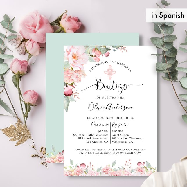 Invitación En español Moda Bautismo Rosa Oro, Mint Floral (Subido por el creador)