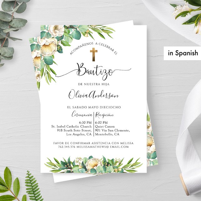 Invitación En español, vegetación, bautismo floral amarillo b (Subido por el creador)