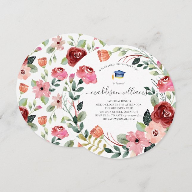 Invitación En flor | Partido de Graduación Floral de Rubor (Anverso / Reverso)