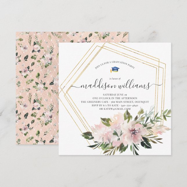 Invitación En flor | Partido de Graduación Floral de Rubor (Anverso / Reverso)