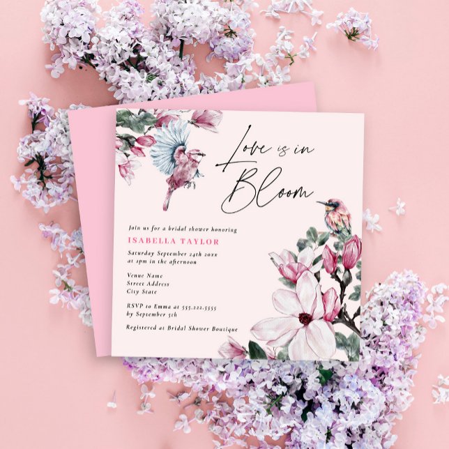 Invitación En flor rosa rosa y pájaros ducha de novia (Subido por el creador)