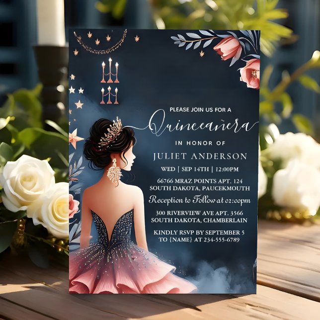 Invitación En Glam Ball Gown Spark Dark Navy Quinceanera Azul (Subido por el creador)