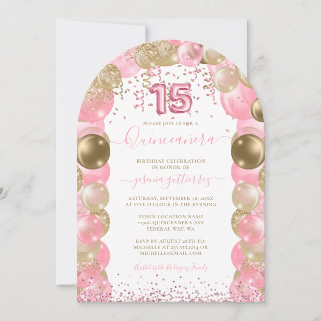 Invitación en globo de Glam Quinceañera rosa (Anverso)