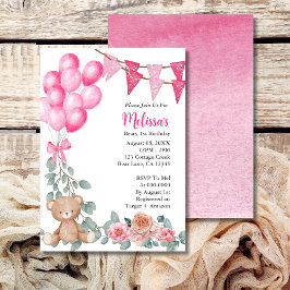Invitación en globo rosa Beary First Birday