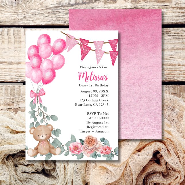 Invitación en globo rosa Beary First Birday (Subido por el creador)