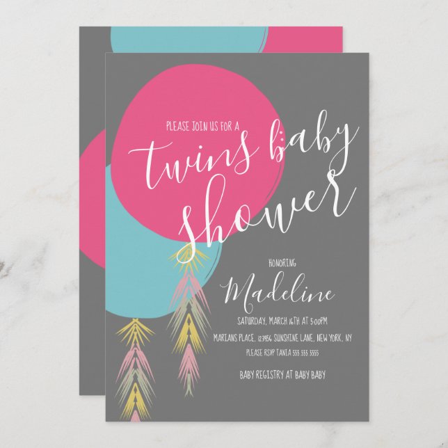 Invitación en globo Twin Baby Shower Tassel Boho (Anverso / Reverso)