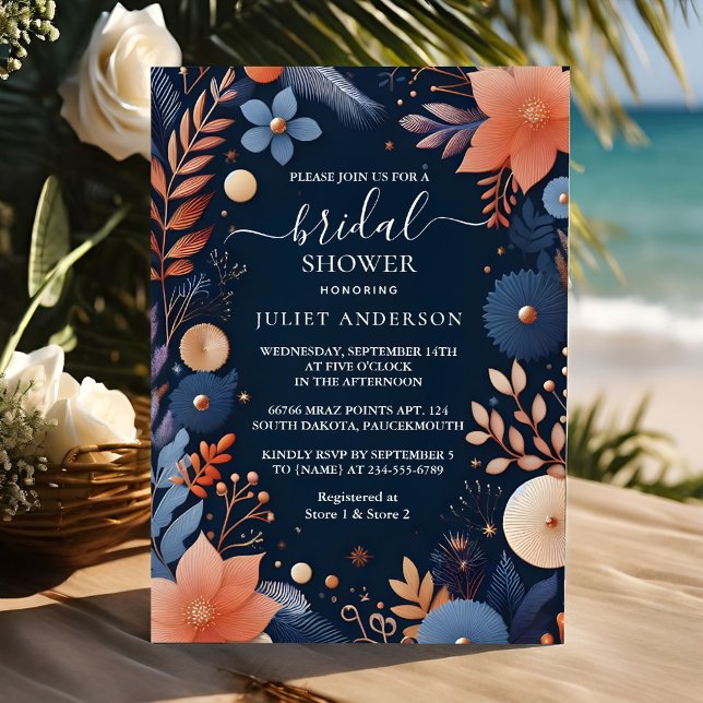 Invitación En Hydrangea Metallic Pure Navy Blue Bridal Shower (Subido por el creador)