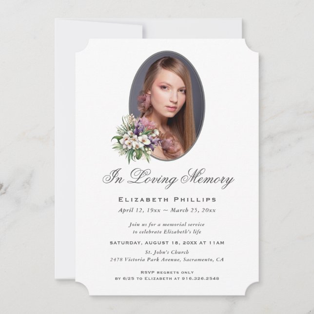Invitación En la memoria amorosa foto morada floral blanca (Anverso)