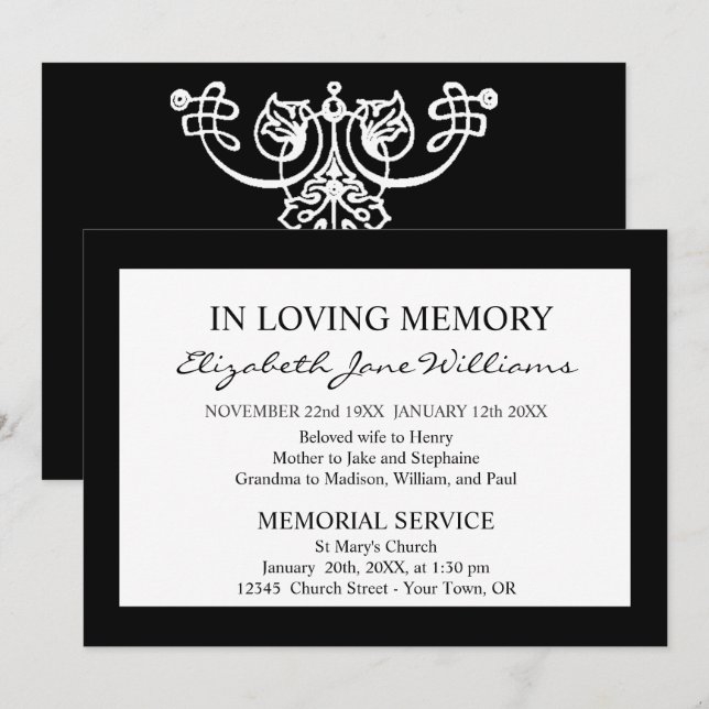 Invitación En la memoria amorosa | Funeral | Caja negra simpl (Anverso / Reverso)