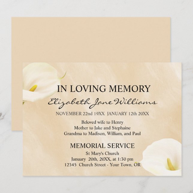 Invitación En la memoria amorosa | Funeral | Lilies acuarelas (Anverso / Reverso)