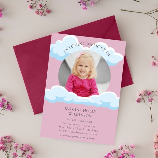 Invitación en la memoria amorosa nubes rosas funeral infantil (Subido por el creador)