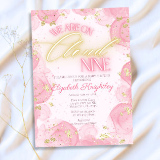 Invitación En la nube rosa Nueve 9 Chica Purpurina de oro Bab