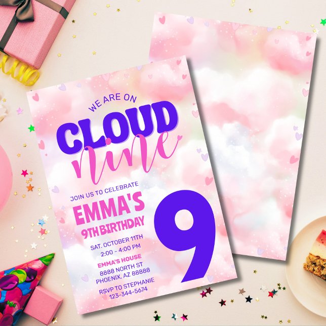 Invitación En la Nueve Novena Fiesta de Cumpleaños Rosa (Dreamy On Cloud Nine birthday invitation with pastel clouds, editable for any age.)