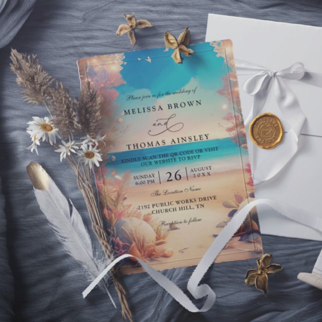 Invitación En la playa elegante boda moderna código qr (Subido por el creador)