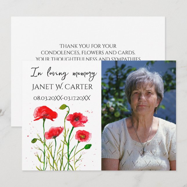 Invitación En Memoria Amada Amapolas Rojas Floral Funeral (Anverso / Reverso)