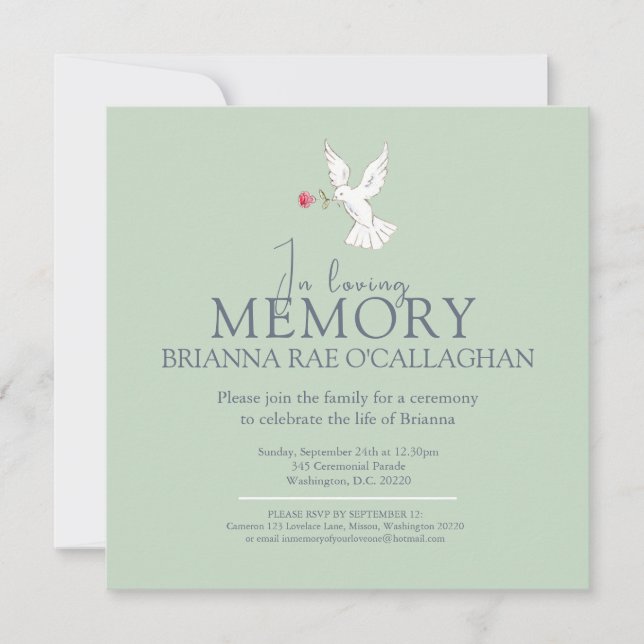 Invitación En memoria amorosa dove rosa roja foto fúnebre ver (Anverso)