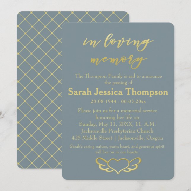 Invitación En memoria amorosa - Servicio conmemorativo Blue & (Anverso / Reverso)