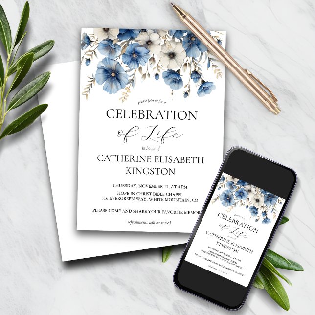 Invitación en memoria de flores azules y blancas (Subido por el creador)