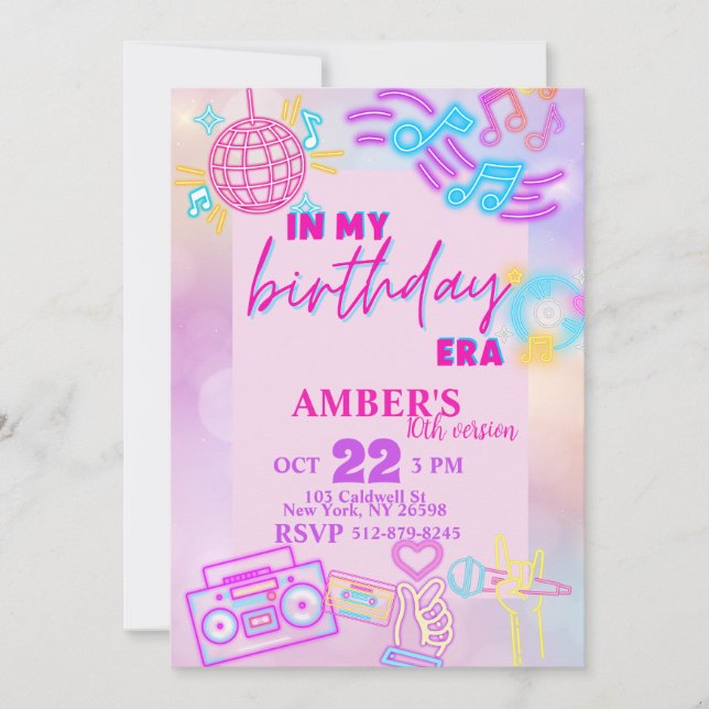 Invitación En mi época de cumpleaños, el Neon Birthday púrpur (Anverso)