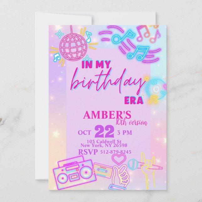 Invitación En mi época de cumpleaños, el Neon Birthday púrpur (Anverso)