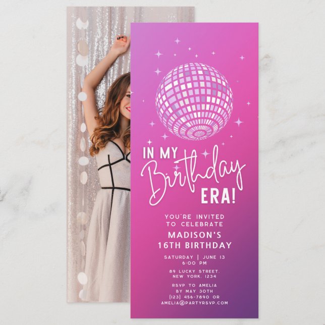 Invitación En mi era de cumpleaños, Fiesta de la era, foto de (Anverso / Reverso)