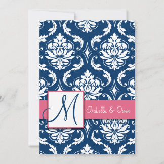 Invitación en monograma azul de la marina rosa