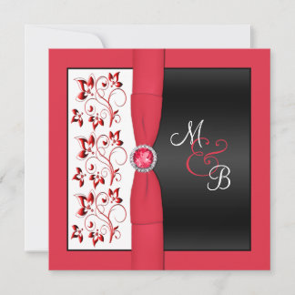 Invitación en monograma de Black, Red & White Squa