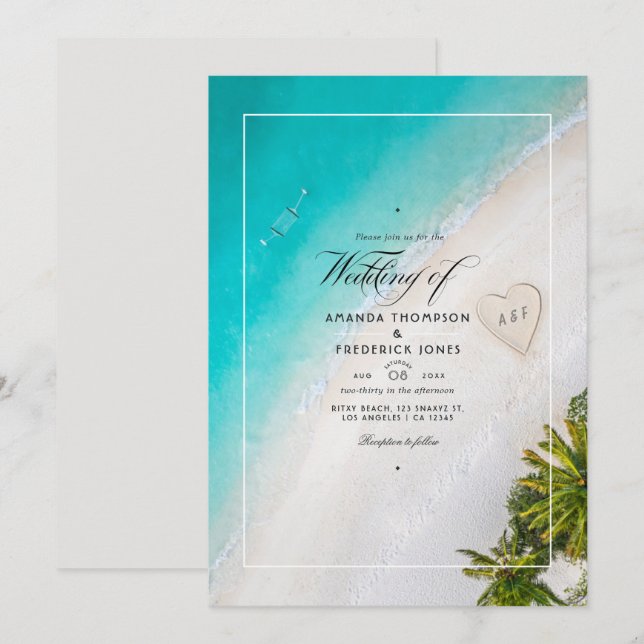 Invitación en monograma de bodas en la playa de ve (Anverso / Reverso)