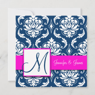 Invitación en monograma de la Marina Fuchsia Blue 