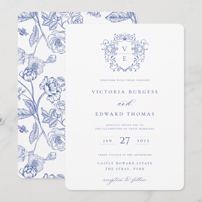 Invitación en monograma de Regency Blue Escudo (Anverso / Reverso)