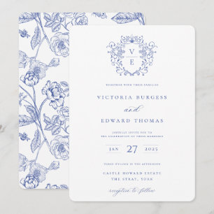Invitación en monograma de Regency Blue Escudo
