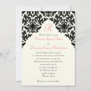 Invitación en monogramado de marfil, negro, coral 