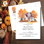 Invitación en movimiento de la casa de otoño de ac<br><div class="desc">Esta encantadora invitación cuenta con una escena de árboles de otoño acuáticos con una casa al fondo. Las palabras "Nuestra familia ha plantado nuevas raíces". Es la manera perfecta de hacer que sus amigos y familiares sepan de su próximo movimiento. Seguramente será un éxito con todos los que lo reciben....</div>