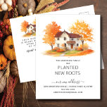 Invitación en movimiento de la casa de otoño de ac<br><div class="desc">Esta encantadora invitación cuenta con una escena de árboles de otoño acuáticos con una casa al fondo. Las palabras "Nuestra familia ha plantado nuevas raíces". Es la manera perfecta de hacer que sus amigos y familiares sepan de su próximo movimiento. Seguramente será un éxito con todos los que lo reciben....</div>