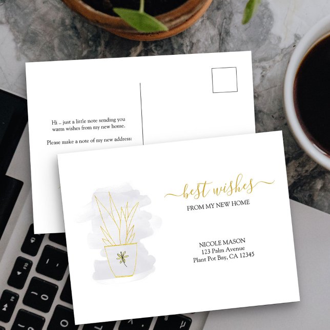 Invitación en movimiento de la elegante y minimali (New Address postcard with elegant minimalist potted plant design)