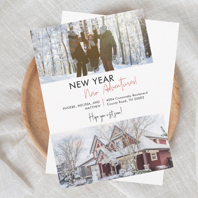 Invitación en movimiento de vacaciones de Año Nuev (New Year Family Photo New Address Moving Announcement)