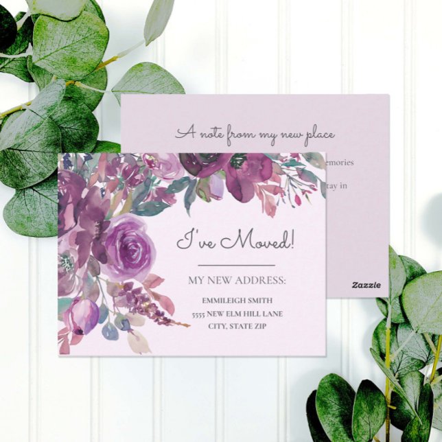 Invitación en movimiento Morado Acuarela Floral (Elegant purple watercolor floral moving announcement)
