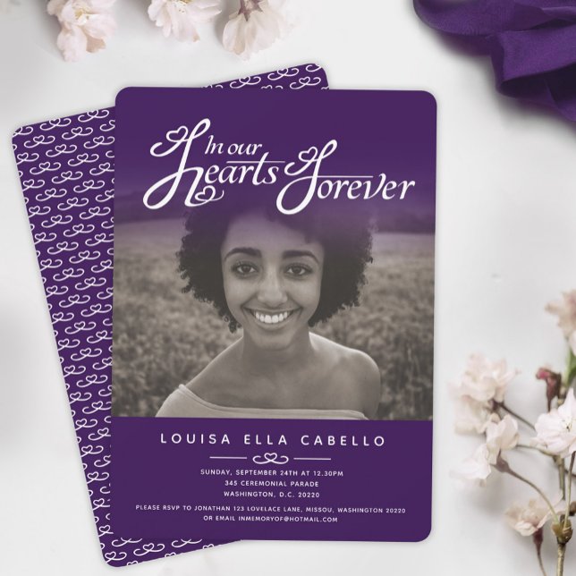Invitación En nuestros corazones foto funeral morado invitaci (Subido por el creador)
