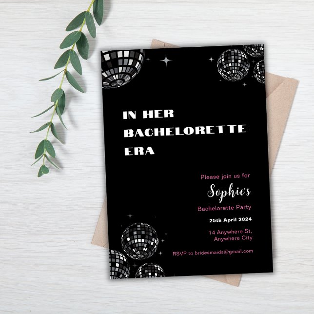 Invitación En su fiesta de soltera de la era (In her Bachelorette Era Invitation with Disco Balls and Black and Pink colours.)